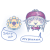 a creature shaped like a sunflower and a chibi dressed like a strawberry
